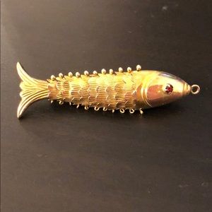 14k gold fish pendant or pin with ruby eyes